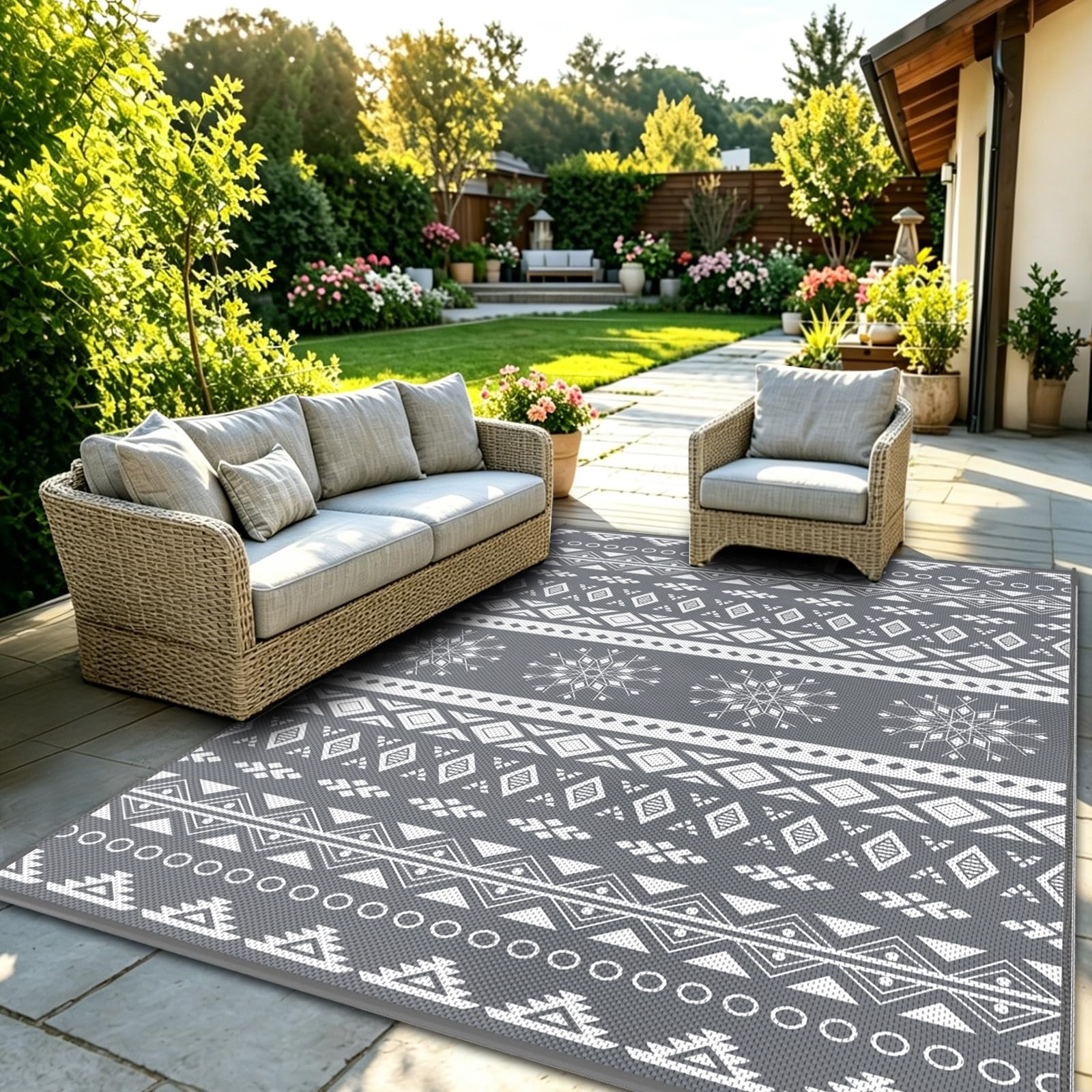 MOKANI Outdoor Teppich Wetterfest, Wendbarer Balkon Camping Teppich 180x270 cm, Kunststoff Stroh Terrasse Matte UV-beständige Outdoorteppich Rug Carpet für Garten RV Picknick, Boho-Style, Grau