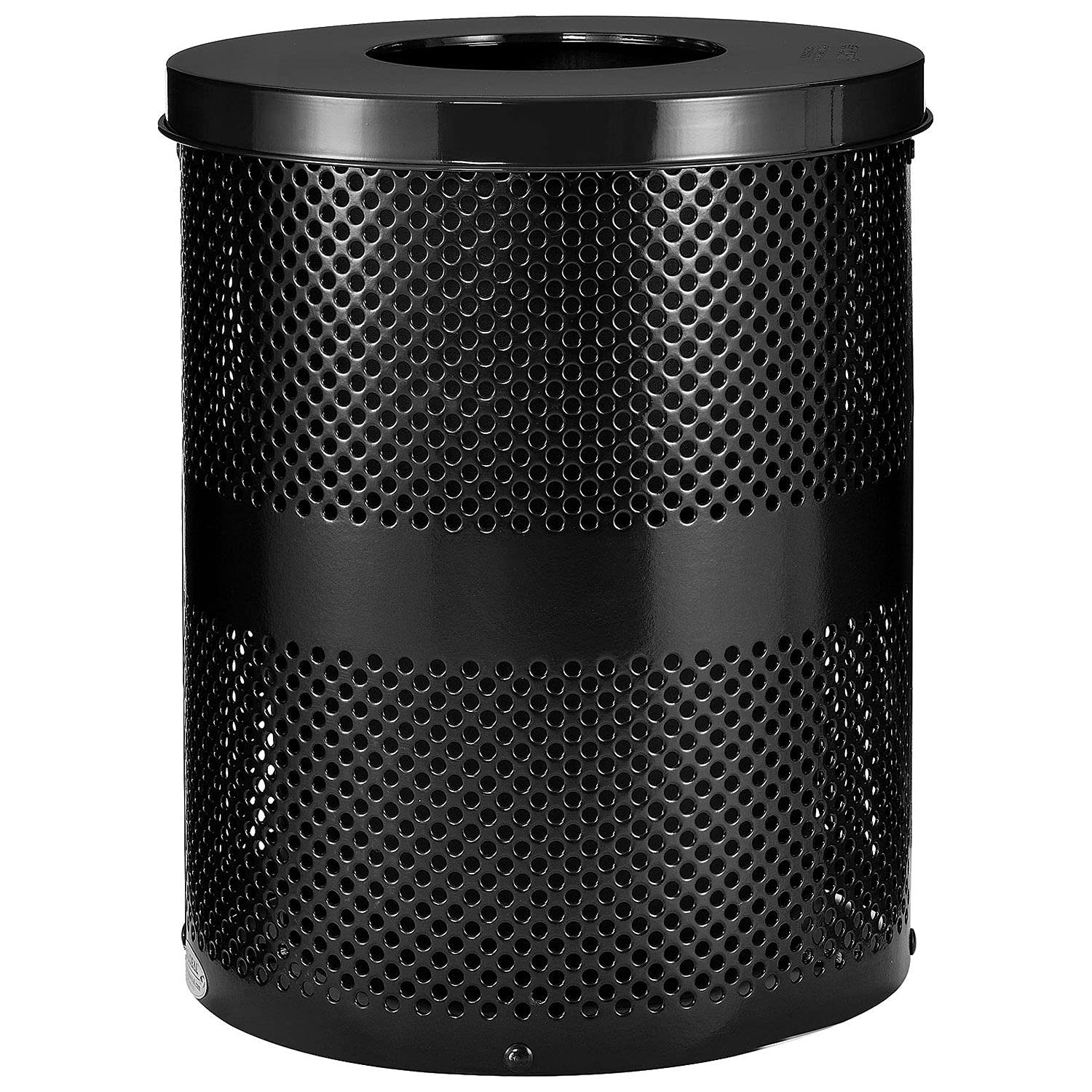 Global Industrial Outdoor Perforated Steel Trash Can with Flat Lid and Plastic Liner, 36 Gallon Capacity, Black, Commercial Trash Can, 23-1/2" Diameter, 30" H