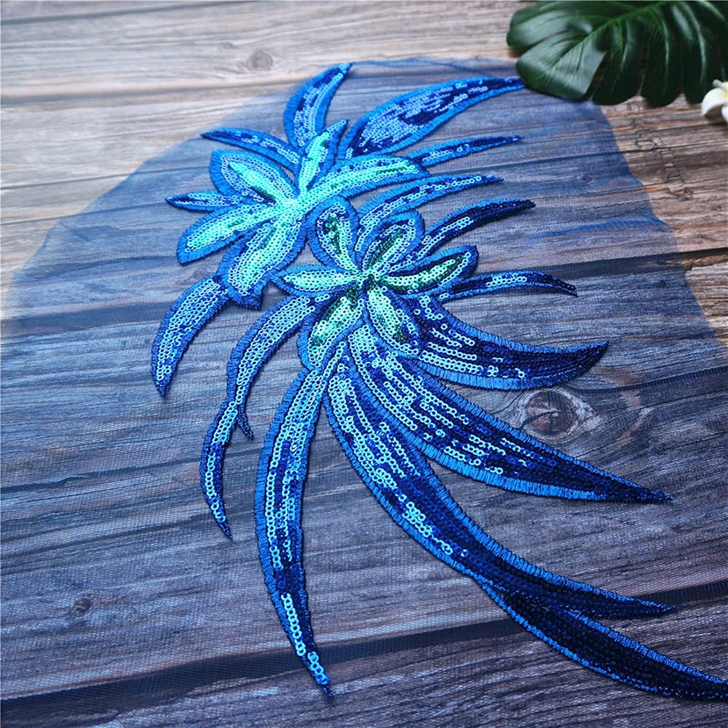 Toppe ricamate, ricami con paillettes in pizzo, applicazioni su colletti, toppe, abiti, fai da te, toppe decorative, fiori, blu, con paillettes, foglie, fiori, tessuto, ricamo, abito da sposa, appliqu
