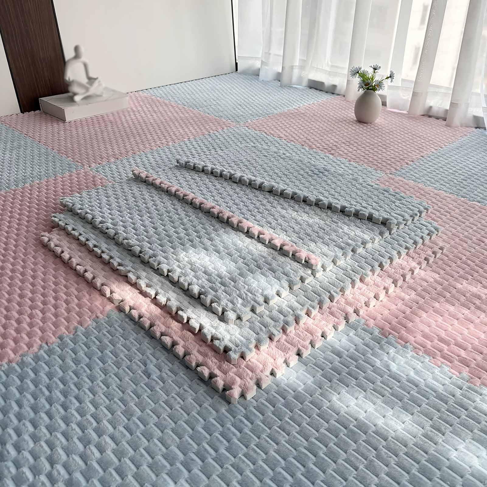 TY&WJ Flannel Interlocking Foam Floor Mats 23.6",Plush Puzzle Carpet Tiles