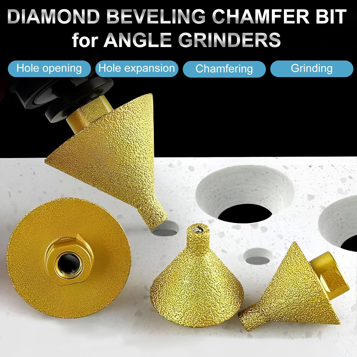 2Pcs Diamond Beveling Chamfer Bit for Angle Grinders, 0-2" + 0-1.5" Dia Countersink Drill Bit, Punching Expanding Drill Bit for Tile Ceramic Beveling Holes Trimming, with M10 Thread Adapter