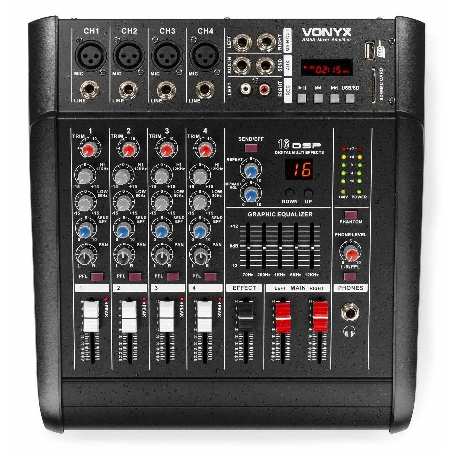 Vonyx AM5A 5-Kanal Musikmixer mit eingebautem 1000 Watt Verstärker