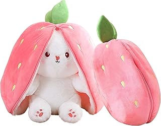 Easter Bunny Stuffed Animal, Reversible Bunny Carrot Strawberry Pillow, Cute Squishy Rabbit Sofa Pillow Decoration Doll, Soft Plush Toy for Boys Girls (Strawberry, 7in/18cm)