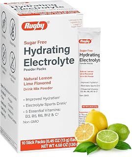 Rugby Sugar-Free Hydrating Electrolyte Powder Packs - Drink Mix Powder Packets with 5 Vitamins - Improved Hydration - Natural Lemon-Lime Flavor - 10 Stick Packs - 0.45 Oz Each (1 Pack)