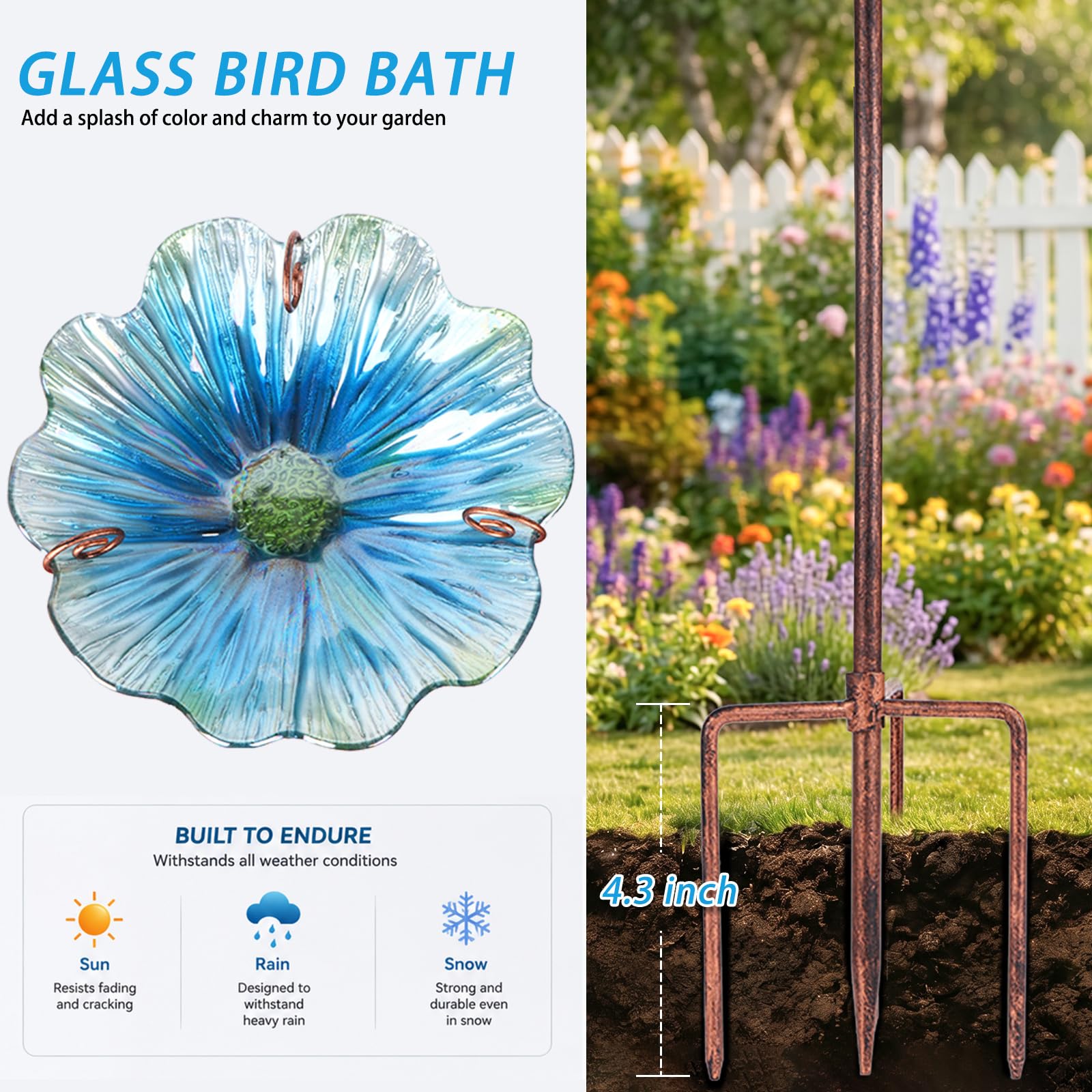MUMTOP Comedero para pájaros de cristal de 31 pulgadas de altura con estaca de metal para jardín al aire libre