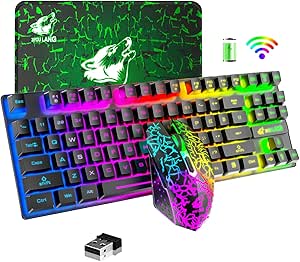 Wireless Gaming Keyboard and Mouse Combo,Rainbow Backlit Rechargeable 3800mAh Battery,87 Keys Mechanical Feel Ergonomic Waterproof Keyboard,RGB Gaming Mute Mouse and Mousepad for PC Gamers (Black)