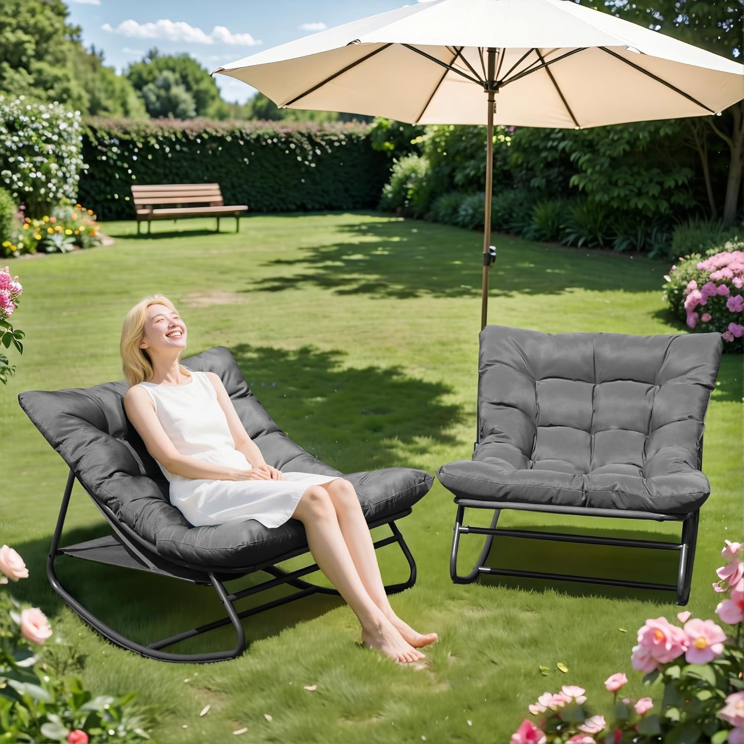 NOBLEMOOD Oversized Rocking Chairs Set of 2, Outdoor & Indoor Papasan Rocking Chair with Thick Cushions, Metal Rocker Chair Set for Living Room, Patio, Porch, Garden, Backyard