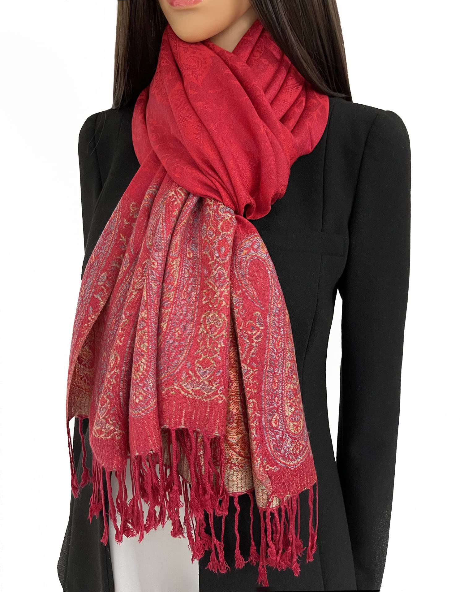 The Accessory Co. Women's Red Large Multicolour Pashmina Shawl Scarf, Woman Rainbow Colou Scarf, Bright Multi Colour Wrap, Lightweight Summer Evening Paisley Floral Stole Winter Reversible Colourful (Red)
