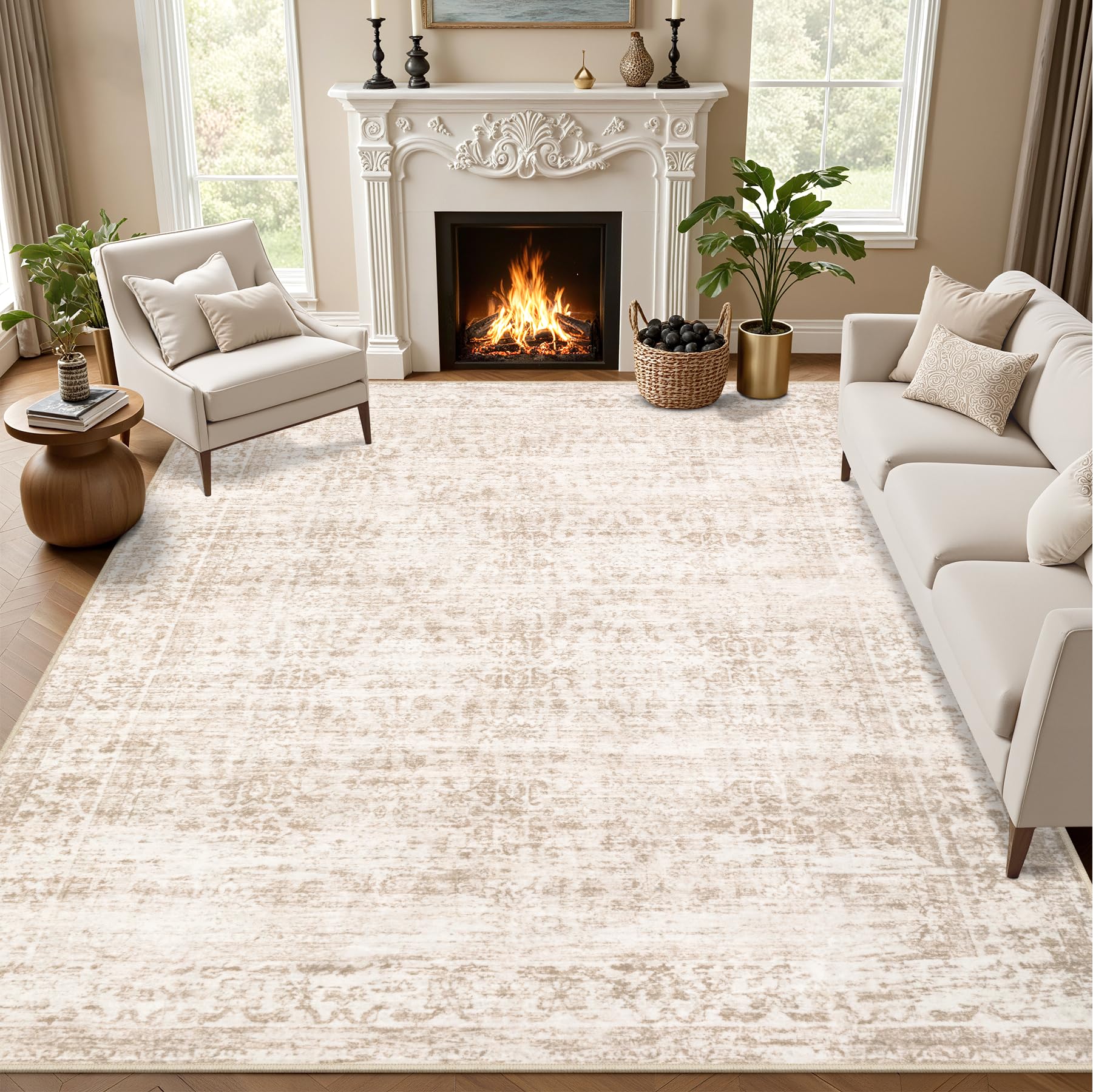 area rugs 9x12 living room rug: washable rug soft vintage boho carpet indoor floor non-slip stain resistant large carpets for bedroom dining room farmhouse nursery home office beige