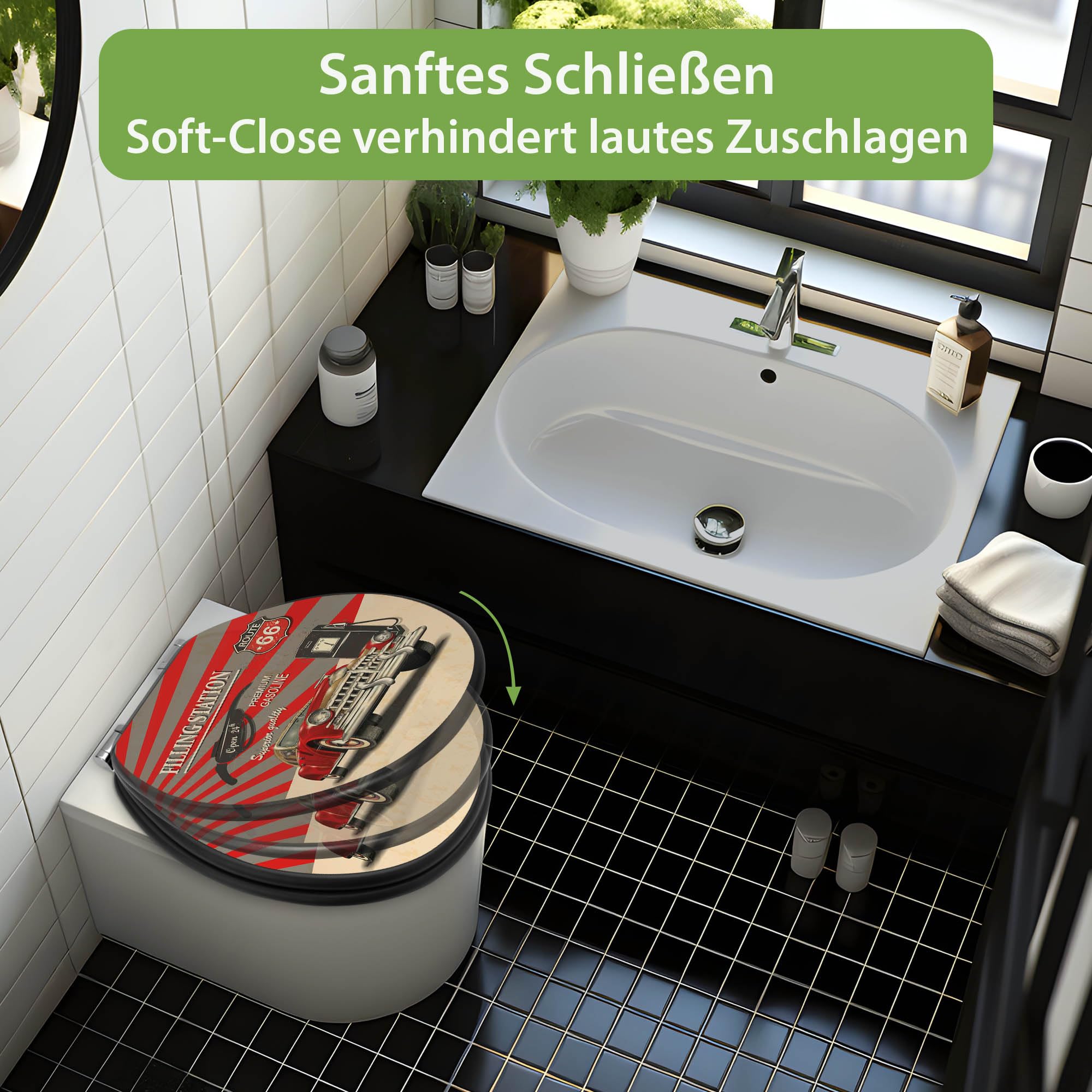 banjado WC Sitz Fahrzeuge - Absenkautomatik leise - 38 x 46,5cm O-Form - MDF Holz Toilettendeckel anthrazit - Klositz grau pflegeleicht - SoftClose - Motiv Filling Station