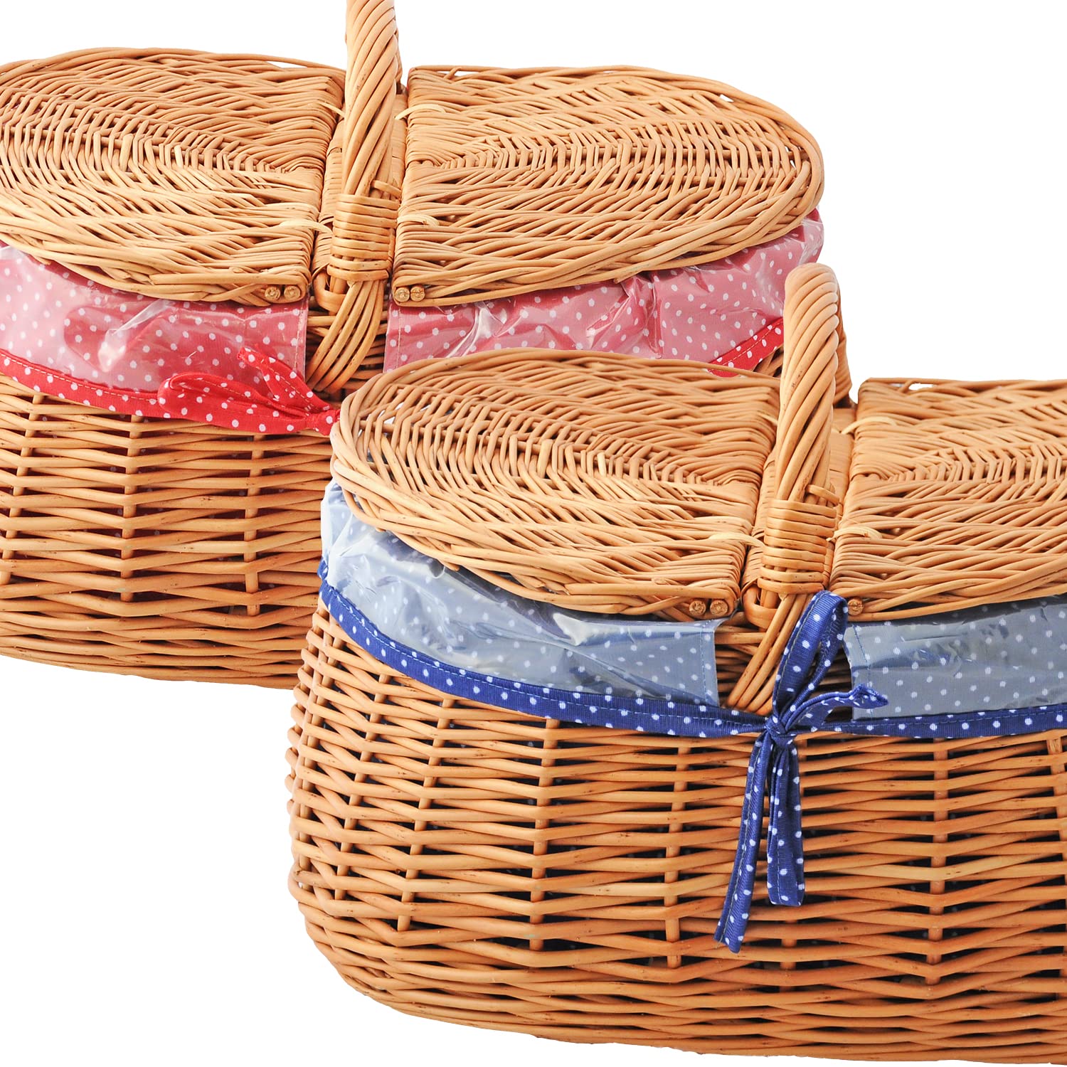 Picknickkorb aus Weide mit Deckel und Stoffeinlage in Blau Schutzfolie Einkaufskorb geflochten oval