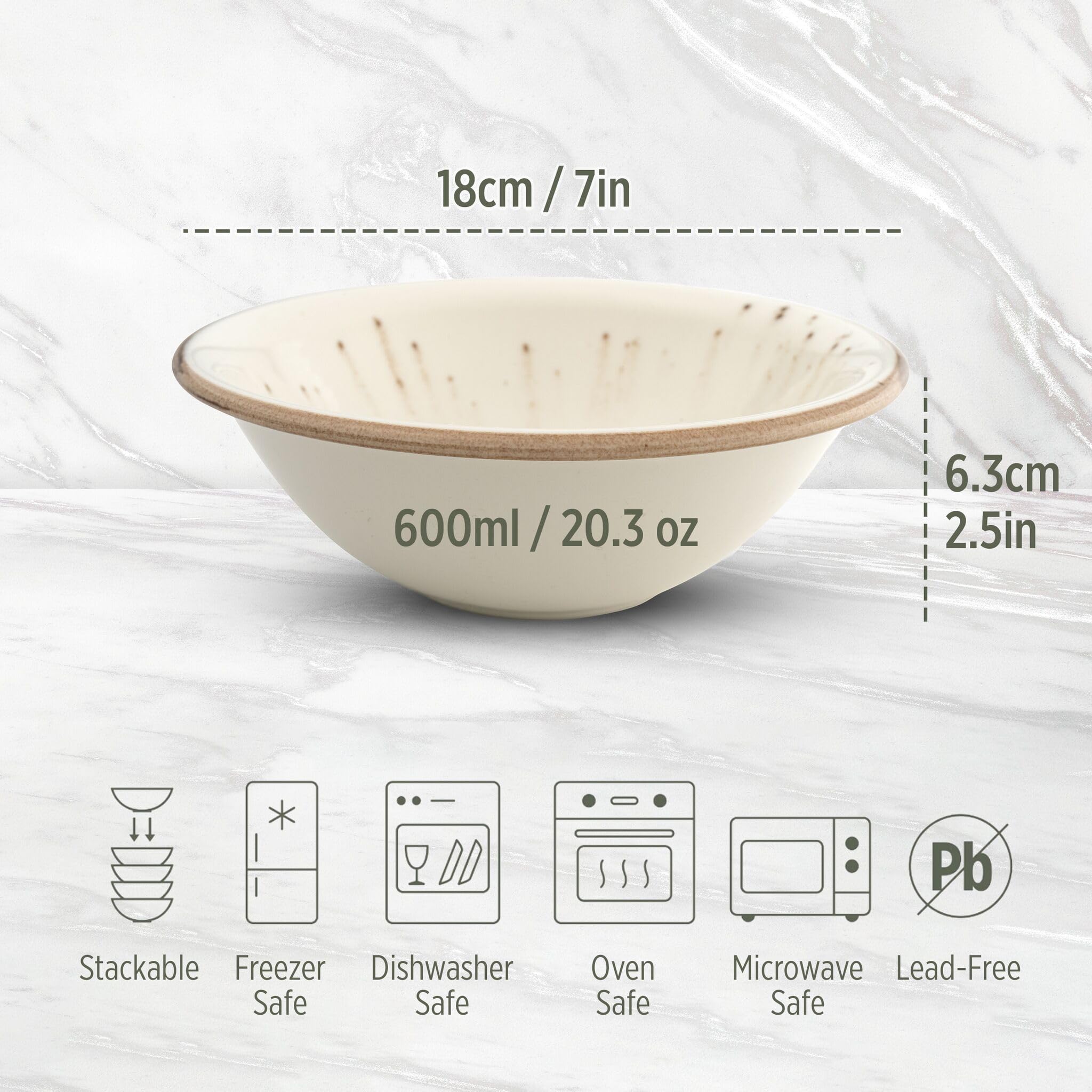 Bascuda Lot de 4 bols à céréales en porcelaine - 600 ml, 18 cm - Élégants bols pour soupe, céréales, salade, dessert et plus encore - Empilables, passent au micro-ondes et au lave-vaisselle, durables