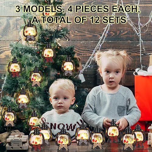 Miniatura 4 de ROCEEI 12 mini faroles de Navidad con conos de pino, bayas, ramas de pino parpadeantes, velas LED parpadeantes, farol de Navidad vintage con
