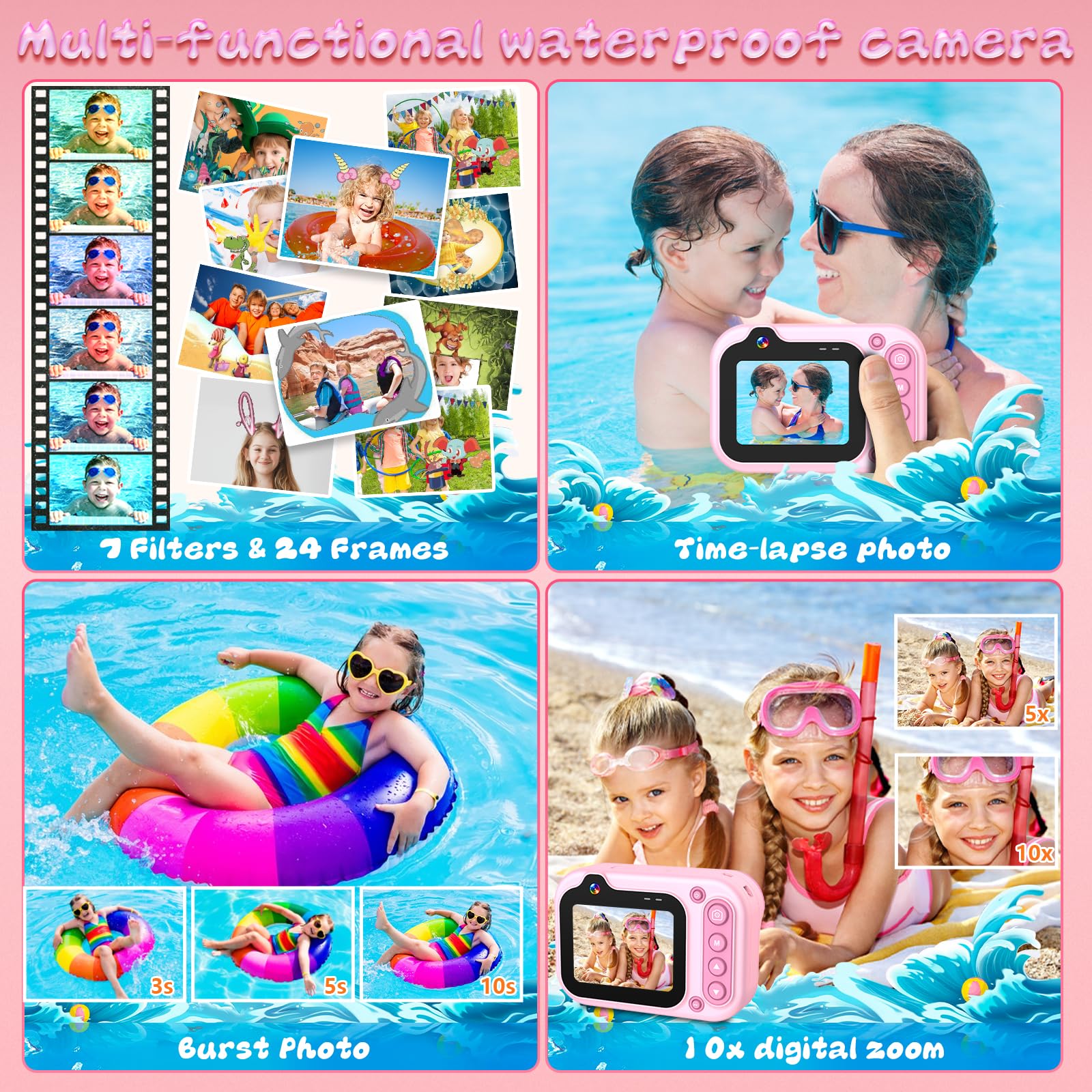 Appareil Photo Numérique Etanche 10FT 1080P Full HD 26MP Caméra Étanche, 10X Zoom Numérique Camera Etanche pour Plongée en Apnée, Selfies sous-Marins, Natation, Plage, Parc Aquatique - Rose