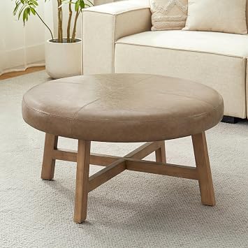 33 Inch Round Coffee Table, Leather Ottoman Light Brown