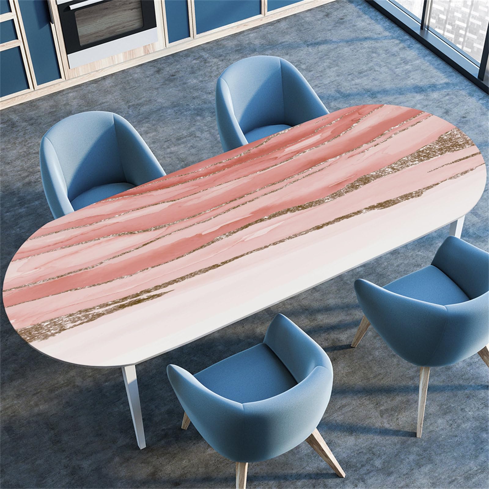 Treer Oval Fitted Tablecloth with Elastic Edge, Nordic Marble Stain-Resistant Wipeable oval Table Cloth, Washable oval Tablecloths for Kitchen Dinning Tabletop Decoration Outdoor (54"x72",Coral)