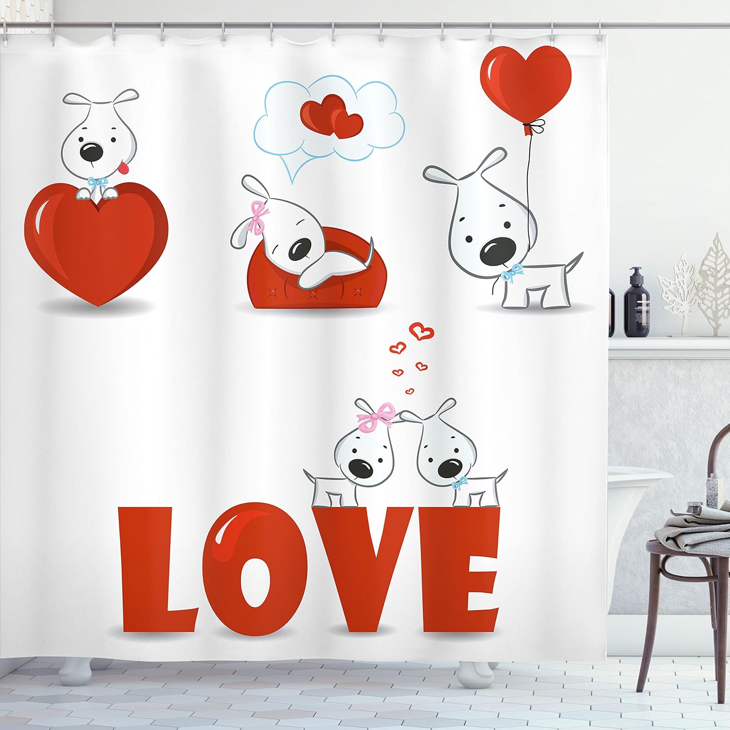 Ambesonne Valentines Day Shower Curtain, Puppy Love Hearts and Dogs His Hers Heart Balloon Romantic Print, Cloth Fabric Bathroom Decor Set with Hooks, 69" W x 70" L, Red White