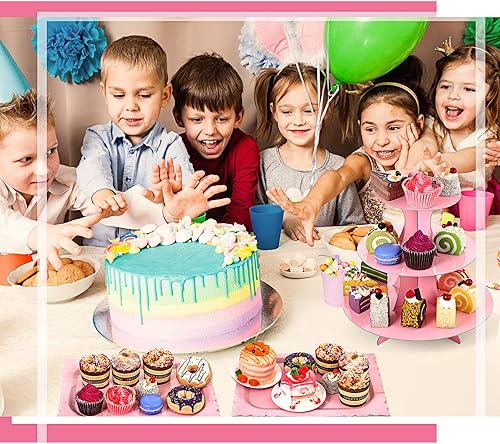 Miniatura 6 de Zopeal Juego de 7 soportes para tartas de cartón de 3 niveles, 1 nivel, bandeja redonda rectangular para servir, platos reutilizables, soportes para