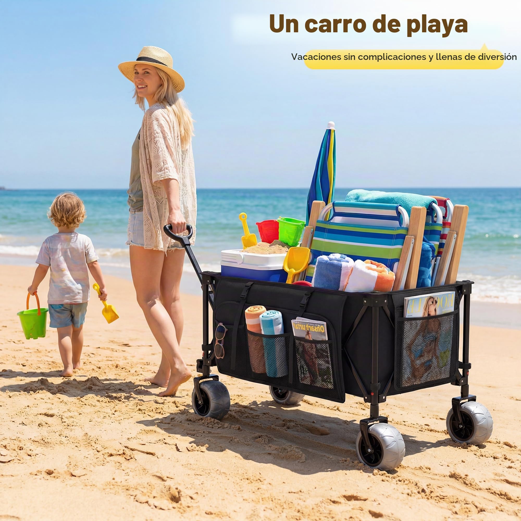 Devoko Carro Playa Plegable con Ruedas Todoterreno 200L 150 kg,Carrito Playa de PU extraanchas 21,5x10 cm, Carro para la Playa | asa Ajustable giratoria 90°para Playa,Camping,Compras(Negro)