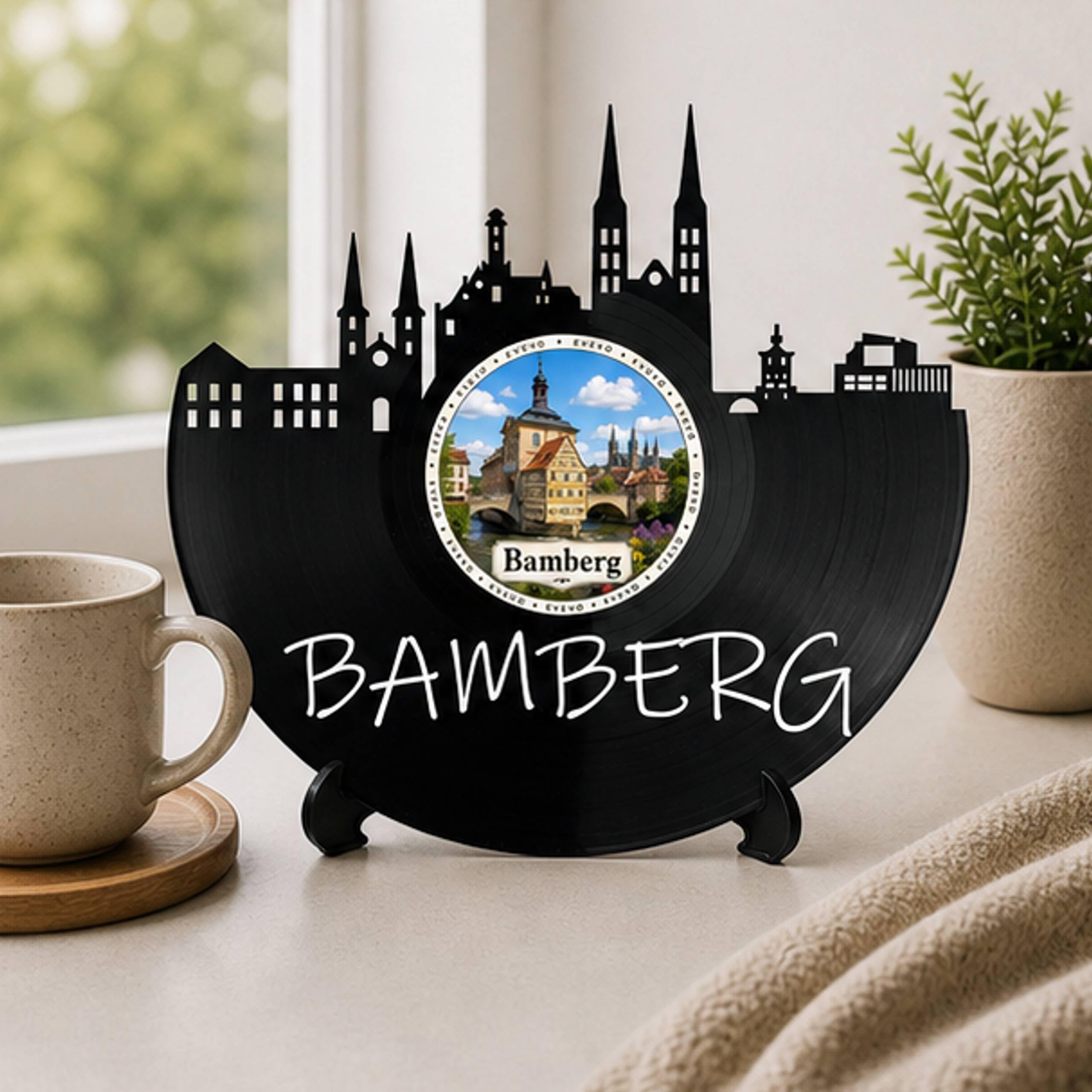 EVEVO Decorazione da parete a forma di disco di Bamberg, in vinile, arte da parete con skyline di Franken, regalo per gli appassionati di Bamberg, vecchio municipio e amanti del patrimonio D0040