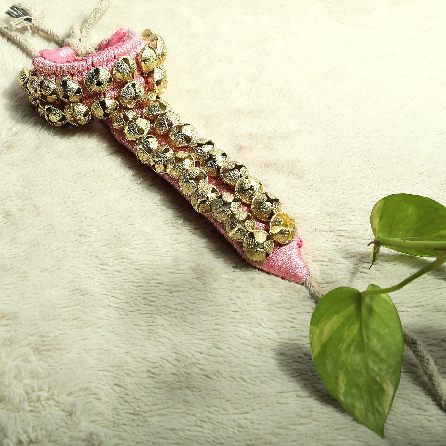 Dancing Bells Anklet Ghungroo with Colored Cushion Pad 2 Line with 40 Bells Best for Indian Classical Dance, Indian Style Brass Ankle Bells (Pink)