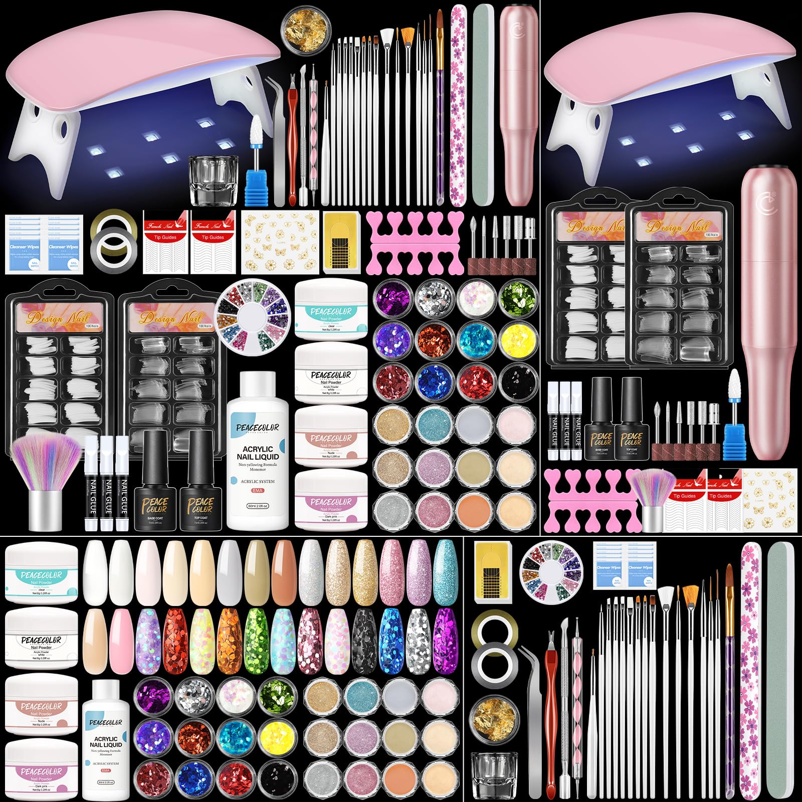 PEACECOLOR Kit Acrylique Ongles Avec Fraises à ongles électriques Lampe à Ongles, 28 Couleurs Poudre Acrylique pour Ongles Liquide Acrylique, Extensions D'Ongles En Gel Acrylique