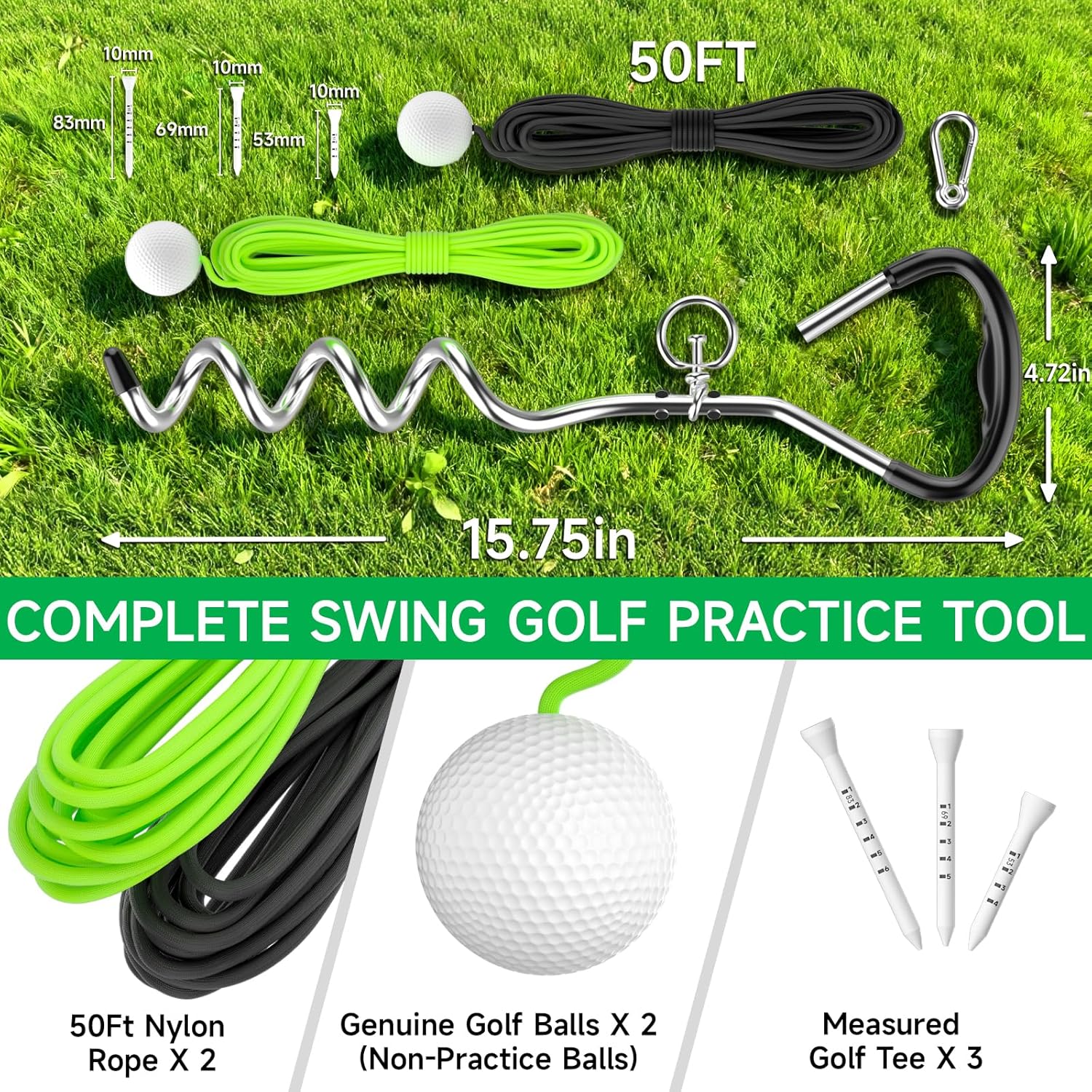 Golf Swing Trainer with 2 Golf Swing Ball & Rope, Golf Training Aid for Backyard, 3 Calibrated Golf Stakes to Analyze 50 Feet of Golf Training Balls Flight, Home Outdoor Golf Swing Practice