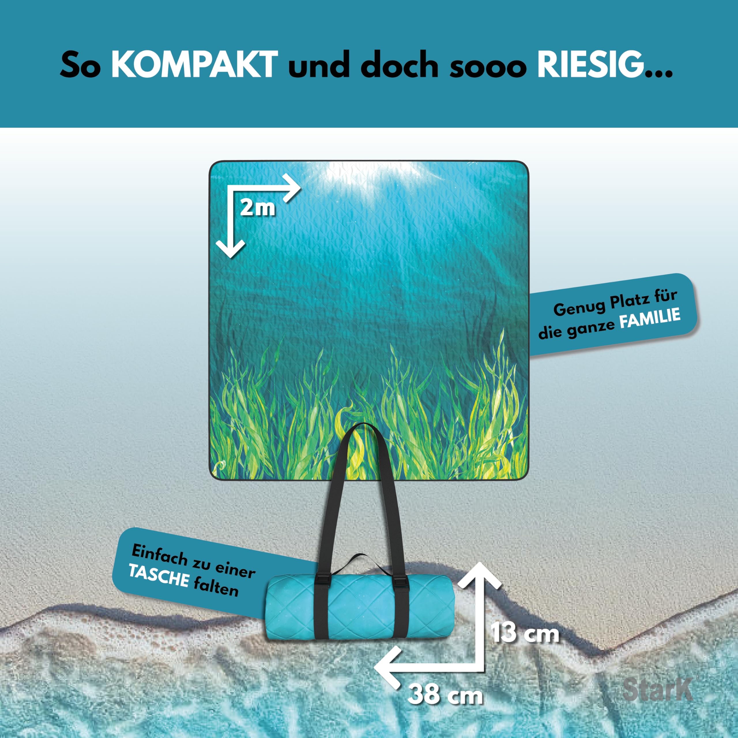 StarK Picknickdecke Ocean 200x200 Wasserdicht,3 -lagige Stranddecke Sandfrei ohne Nähte,Waschbare Strandmatte gepolstert (Ocean)