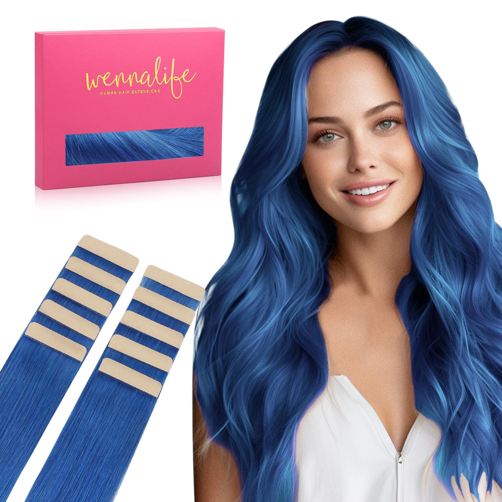 WENNALIFE Tape in Hair Extensions Human Hair Blue Tape in Extensions, 10pcs 30g 22 inch Remy Invisible Tape Ins Straight Colored Soft Real Human Hair
