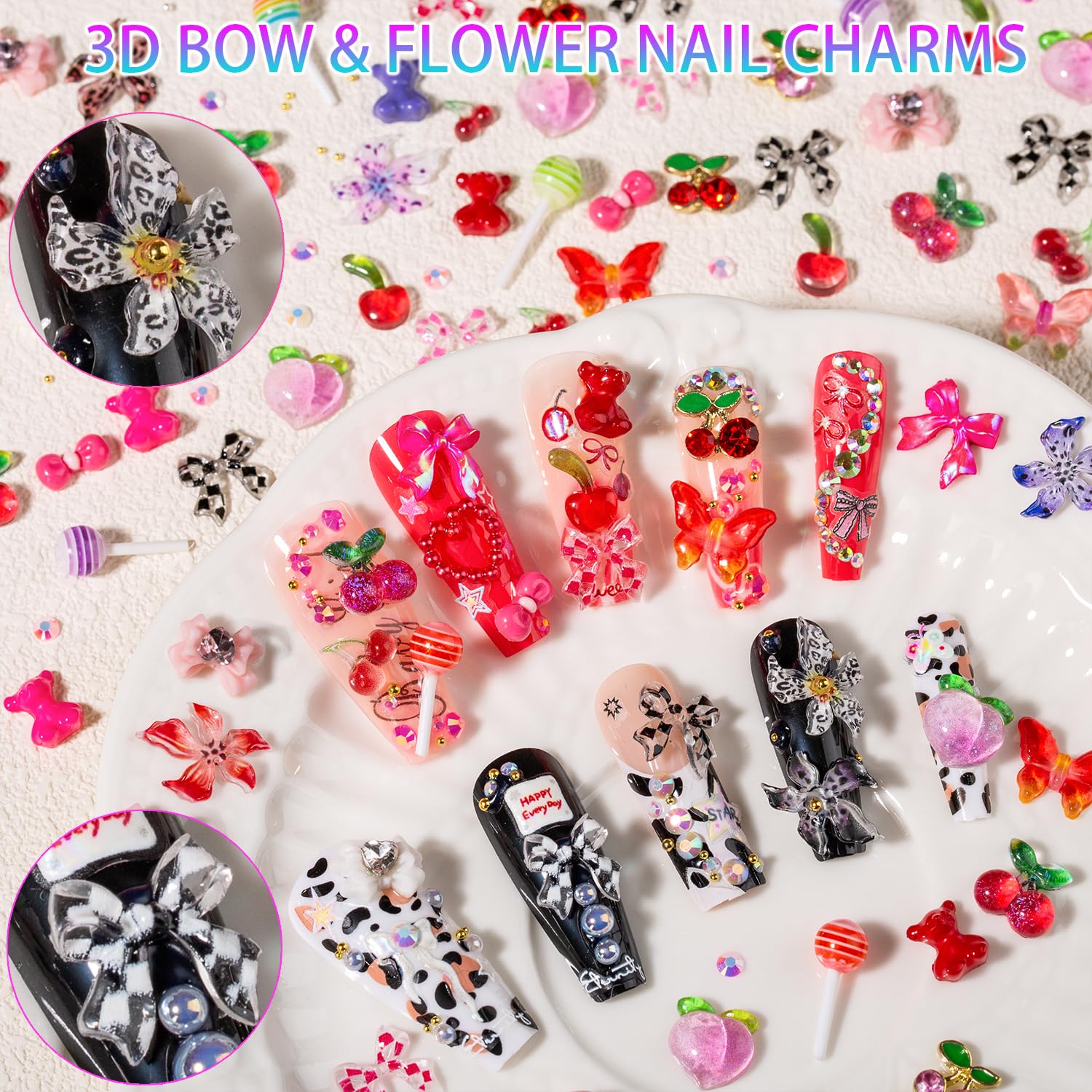 2000+Pcs Nail Charms and Gems Kit, 100+Styles 3D Cute Bows&flower Charms, Colorful Jelly Rhinestones 4 Sticker Sheets Pearls Metal Studs & Mermaid Beads, Mixed Designs for Nail Art&Decoration