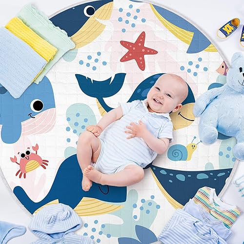 Miniatura 4 de Wesiti Tapete de juego para bebé antideslizante de 40 x 40 pulgadas, tapete de actividad grande para bebé, tapete redondo para el tiempo boca abajo,