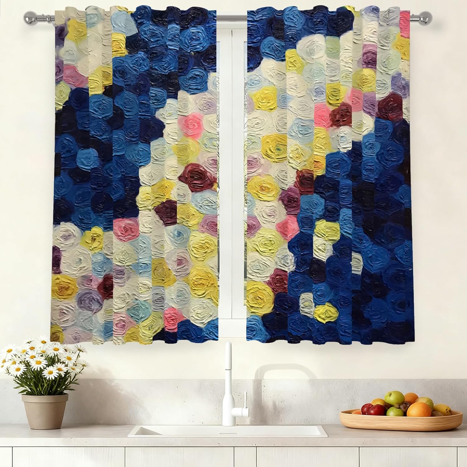 Renaiss 42 x 45 Inch Oil Painting Kitchen Tier Curtains for Windows Light Filtering Linen Texture Abstract Rose Flower Artist Rod Pocket Decoration Curtain for Cafe Bathroom Window Treatment 2 Panels