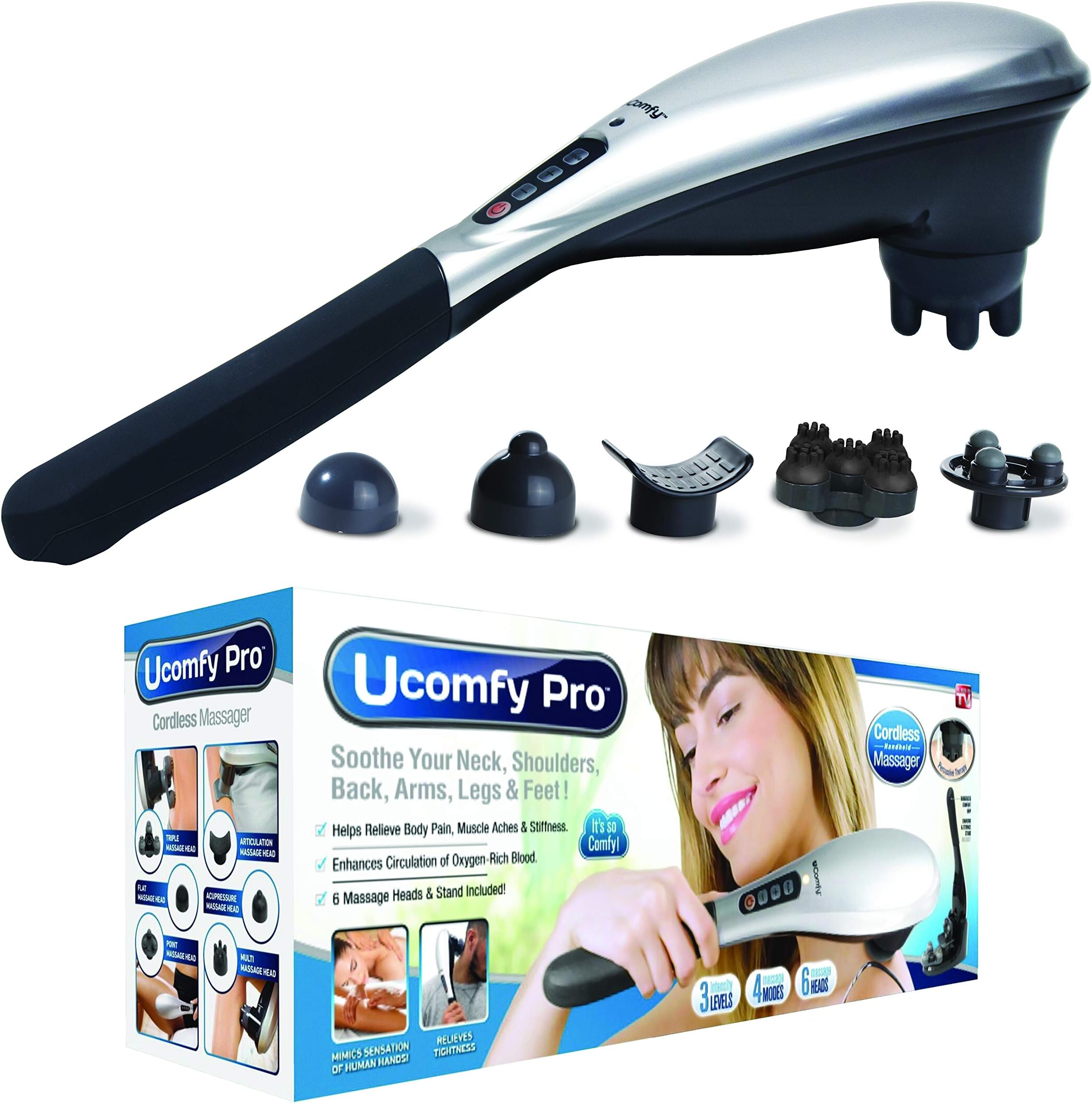 uComfyPro 1679 Rechargeable Handheld Deep Tissue Percussion Massager for Back Neck Shoulders Leg Foot and Sore Muscle Therapy with Electric Charging Stand and Massaging Heads As Seen On TV, Black