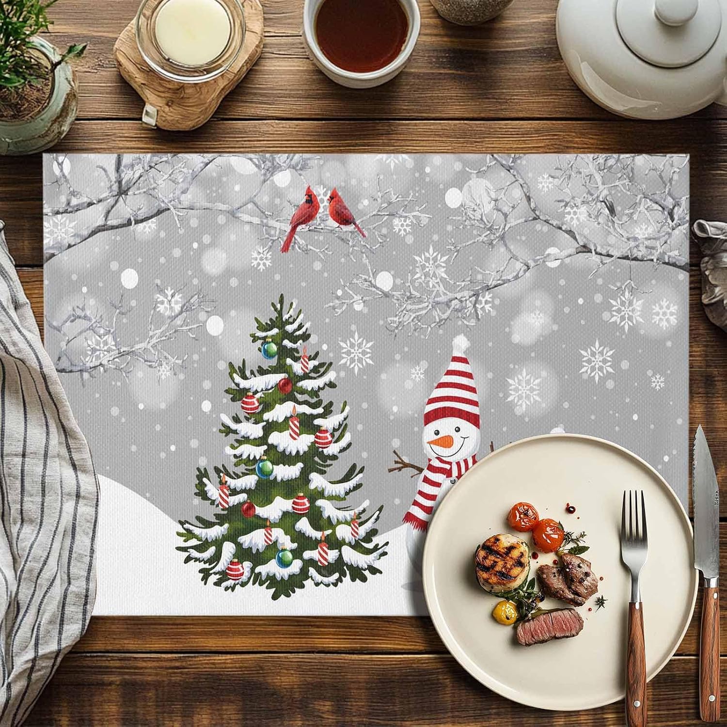 Christmas Winter Snowflake 1 Placemats Set of 6, Washable Cotton Linen Table Mats for Kitchen Dining Table, Heat Insulation Place Mats for Indoor Outdoor Parties, Holiday Decorations