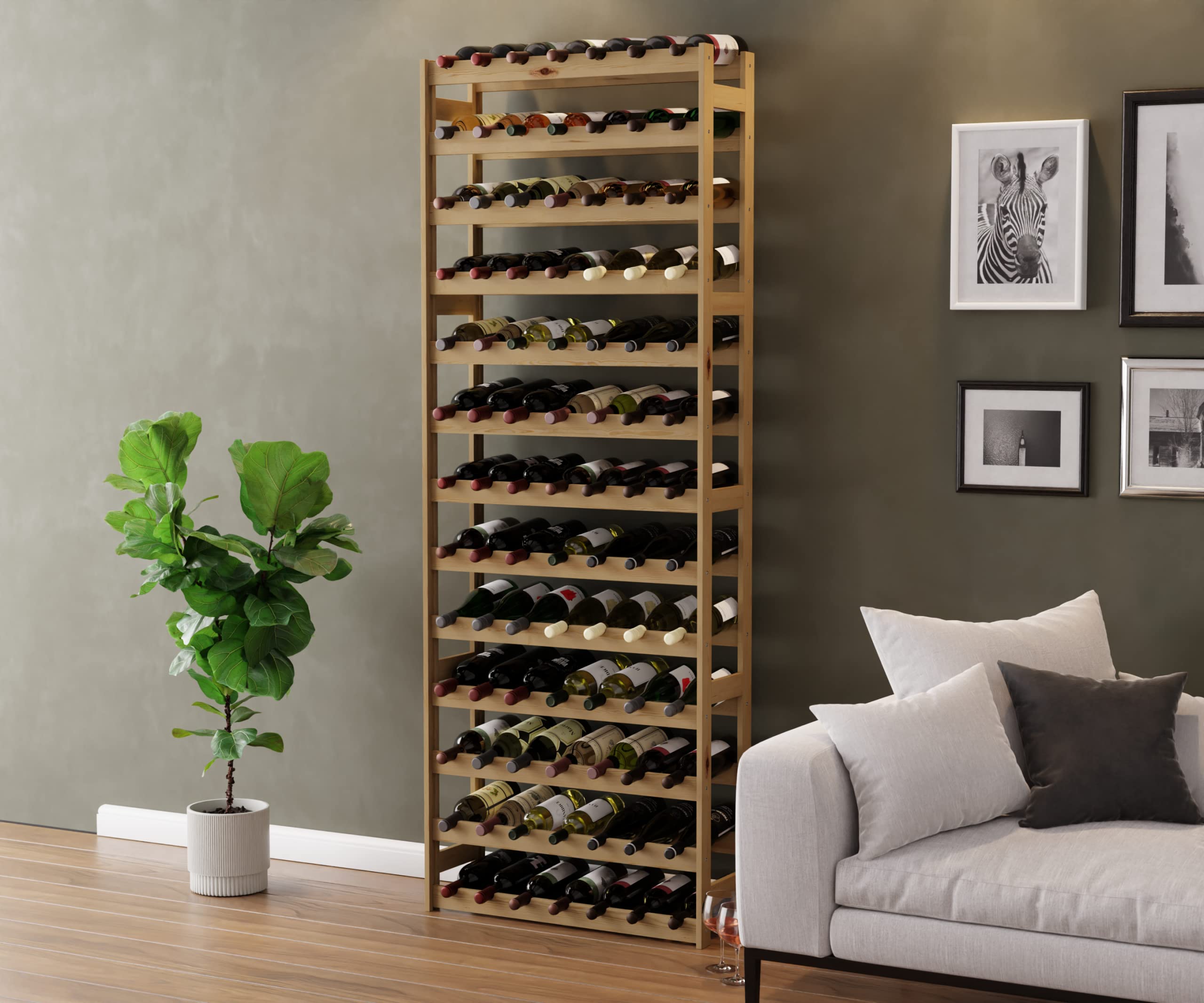 Lenmar Casier à Vin Range Bouteilles Horizontal, Serie RW-1, Étagère à Vin en Bois Naturel, Couchages, pour 12-91 Bouteilles Vin, Casier Cave Etagères Porte-Bouteilles (RW-1-91, 198 x 72,5 x 25)