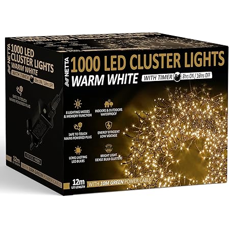 Christmas Tree Lights Cluster Lights 1000 LED - 8 Hours On Timer, 8 Light Modes, Plug in, Waterproof Indoor & Outdoor Use – 1000 LED / 12m Lit Length, Warm White
