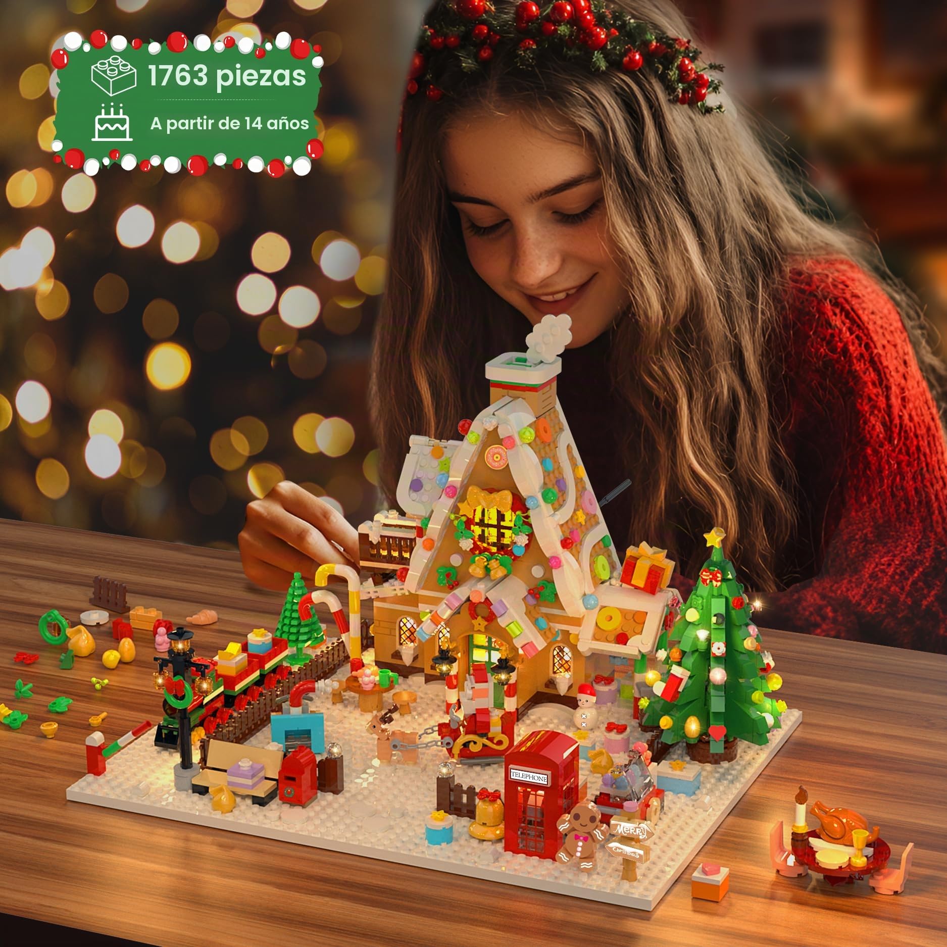 Plaxsoon - Casa de pan de jengibre navideño, juguete de construcción con luces, casa de Navidad, mini bloques de apriete - juguete con Papá Noel - Tren - 1763 piezas - Regalo para adultos, niños y