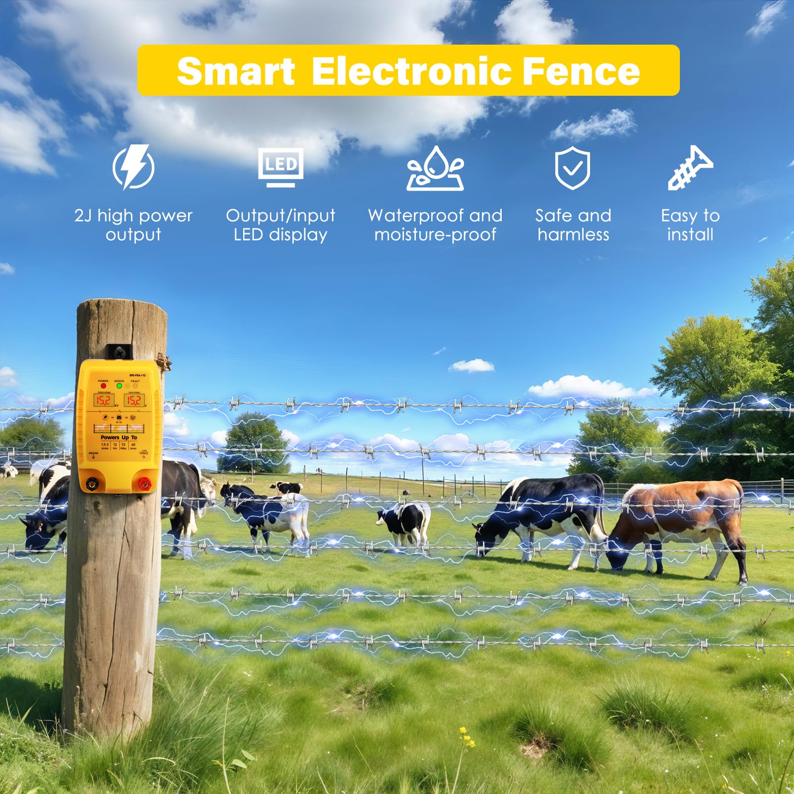 12 V Valla eléctrica para valla de pasto con indicador LED, 2 J 10 kV, resistente al agua, para 12 km de alcance, pantalla LED, valla electrónica para ganado, ovejas, aves, ganado, dispositivo de
