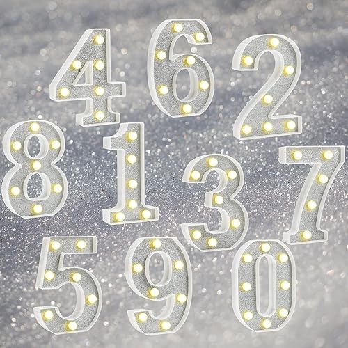 Miniatura 6 de Luces de números de marquesina, números de luz plateada con purpurina para fiesta, alimentadas con pilas, luces LED brillantes con números, letreros