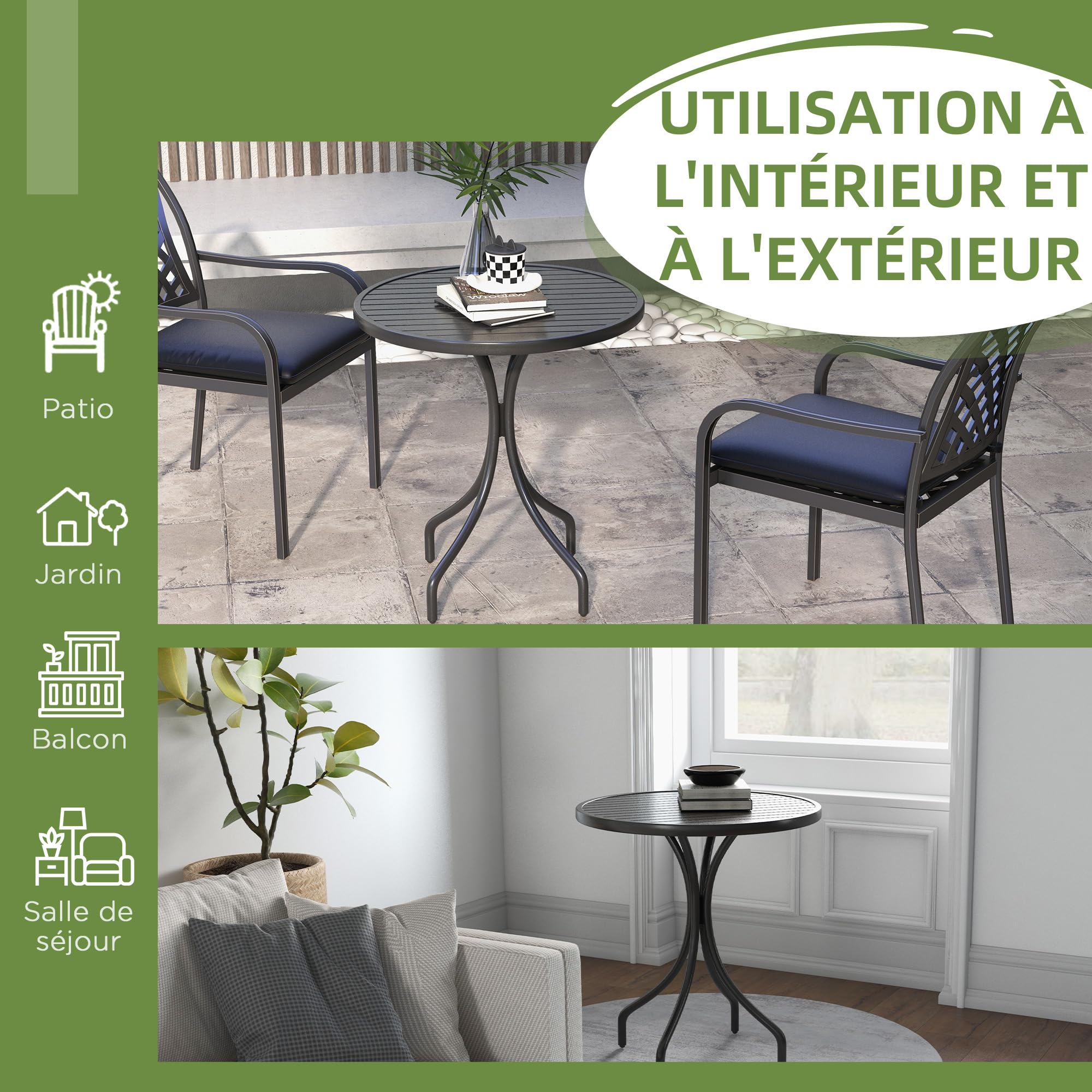 Outsunny Table de Jardin Ronde Ø66 cm Acier Galvanisé Plateau à Lattes Noir