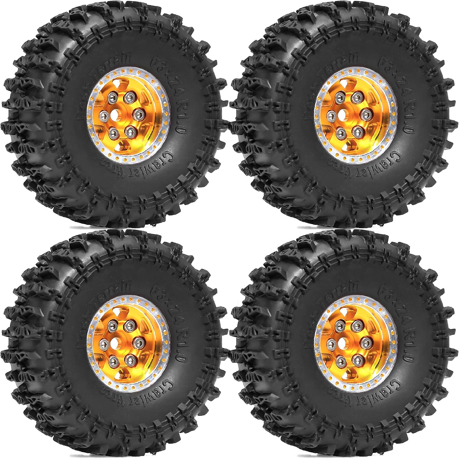 REDSPIDER•1.0'' Aluminum Alloy Beadlock Wheels and tires（4PCS）1.0 Crawler Tires OD 6.48'' for 1：24 1:18 RC Rock Crawler Car SCX24 FCX24 FCX18 TRX4M AX24 90081 Gladiator Bronco C10 (Golden)