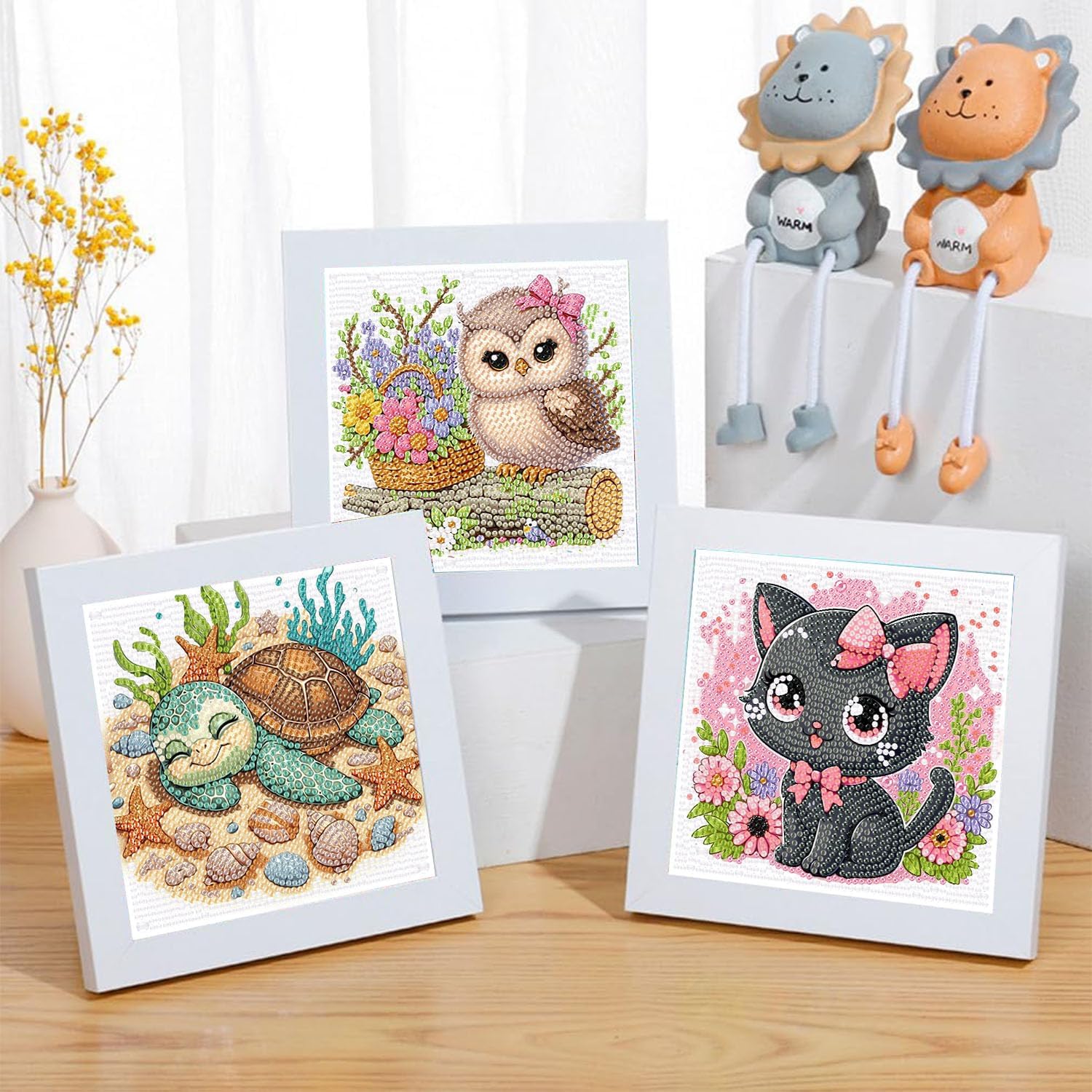 ajepon 6 Pack Animal Diamond Art Kits for Kids, Cute Animals Diamond Art for Kids Ages 8-12, Cat Dog Turtle Sloth Giraffe Owl Diamond Painting Kits for Kid for Gift Home Wall Decor (6x6inch)