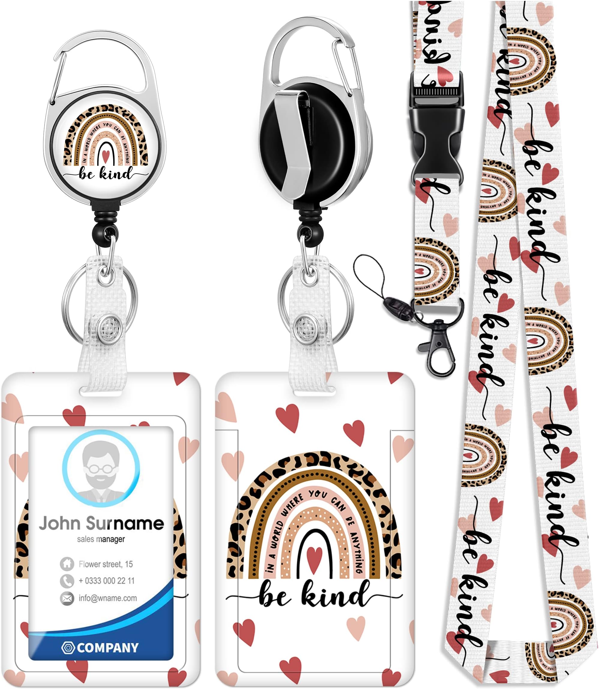 Plifal ID Badge Holder with Lanyard and Retractable Badge Reel Clip, Rainbow Boho Be Kind Leopard Card Name Tag Lanyard Vertical ID Protector Bage Clips for Nurse Nursing Doctor Medical Student