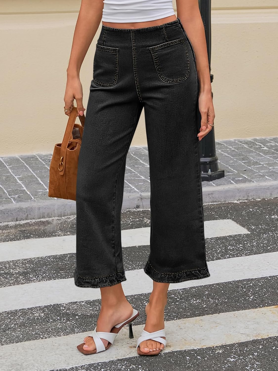 Cicy Bell Womens Cropped High Waisted Jeans Baggy Wide Leg Stretchy Capris Ruffle Flare Denim Pants with Pockets - Image 2