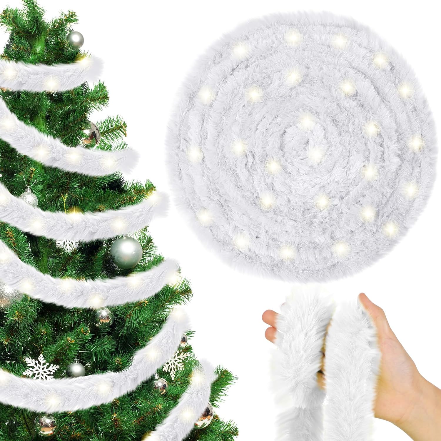 Jutom 50 Ft Christmas Tree Garland Lime Green LED Lighted Faux Fur Ribbon Trim Artificial Furry Stripe Roll Garland for Xmas Holiday Winter Indoor and Outdoor Decoration(Green)