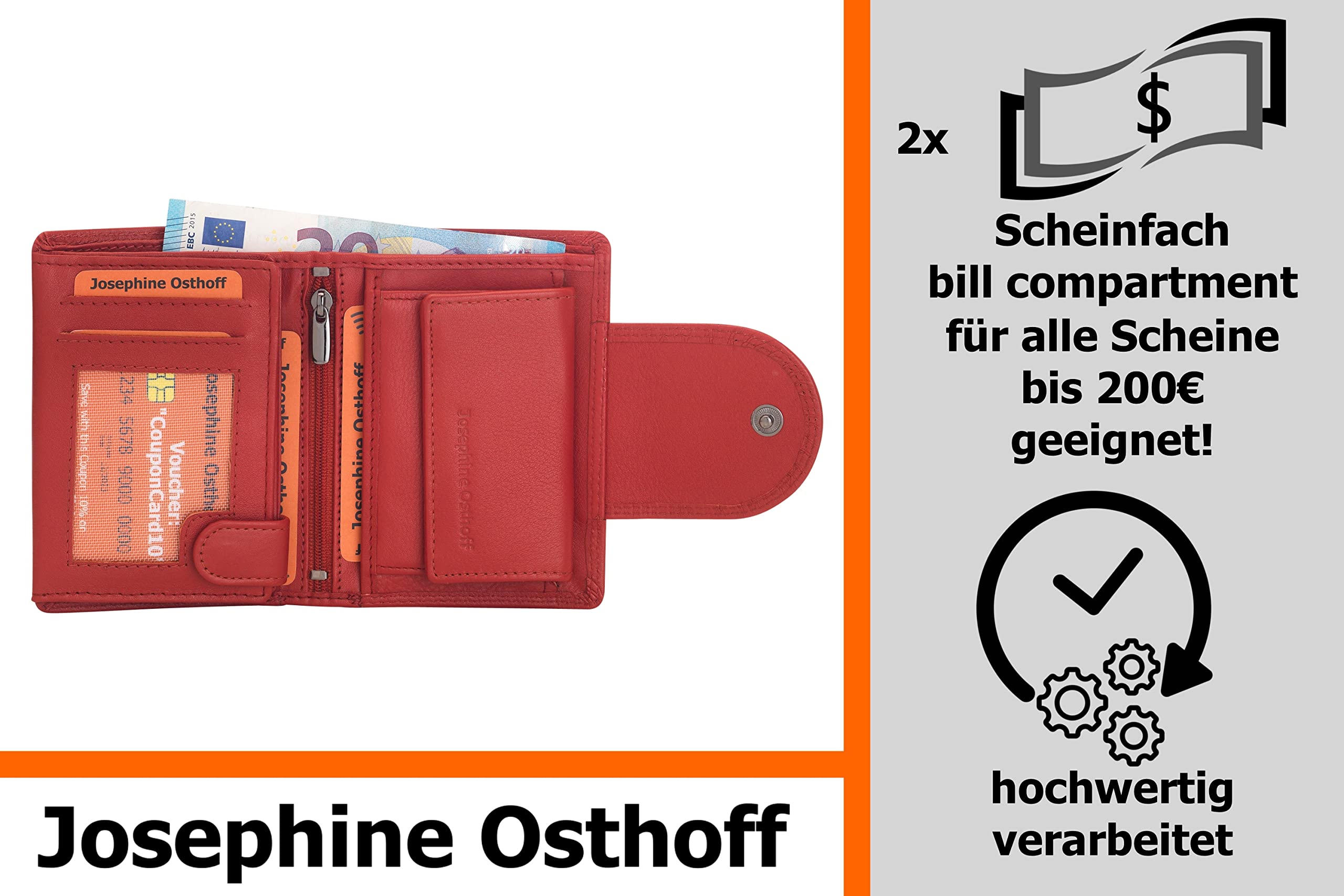 Josephine Osthoff Geldbörse Damen Wiener Schachtel, Platz für 11 Karten, Minibrieftasche mit Münzfach, Portemonnaie Herren Geldbeutel aus echt Leder mit RFID-Schutz (934), Farbe:Kirsche