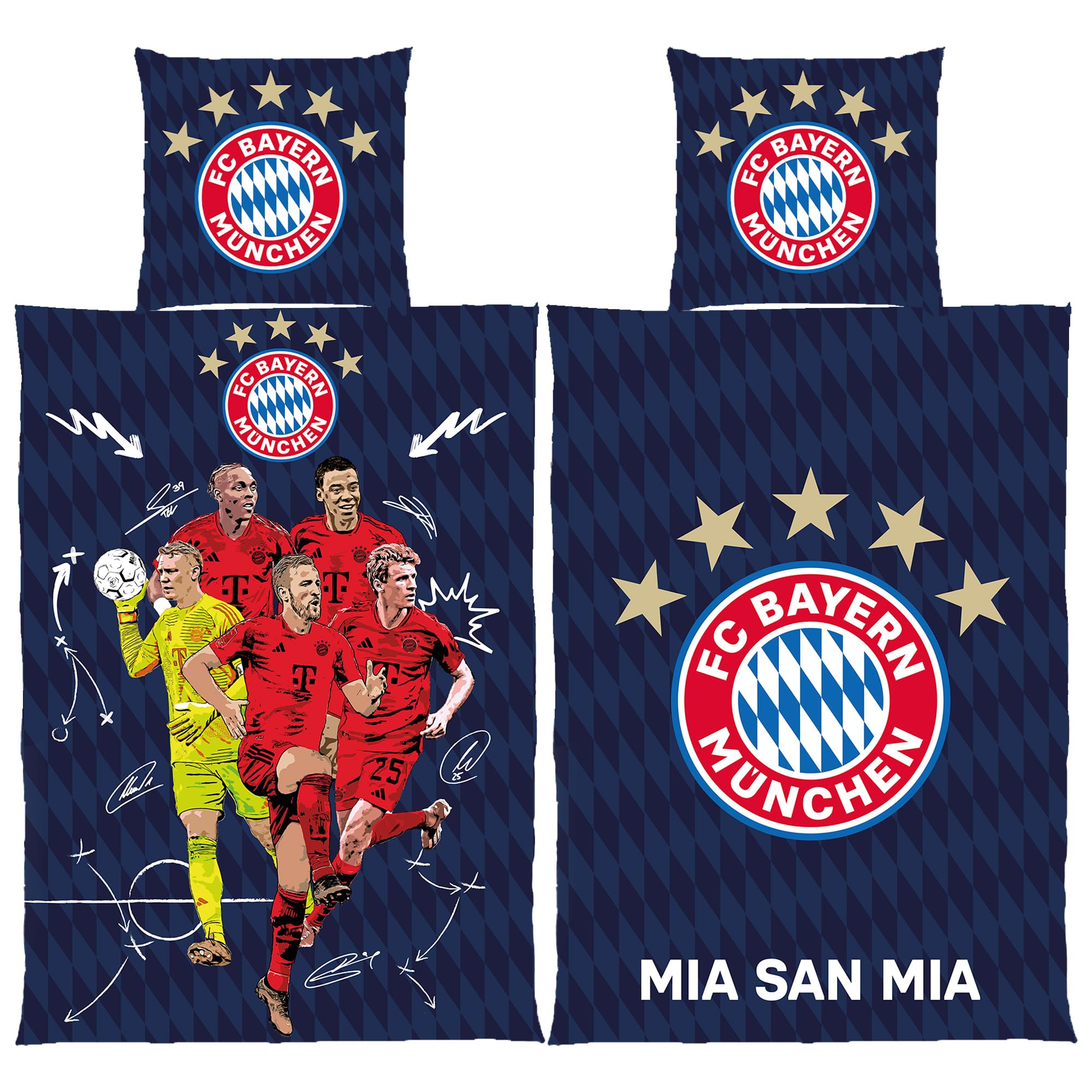 FC Bayern München Wende-Bettwäsche Player 135 x 200 + 80 x 80 cm 100% Baumwolle Linon Fußball FCB Deutscher Rekord-Meister Mia san Mia Fußball Allianz Arena deutsche Größe mit Reißverschluss
