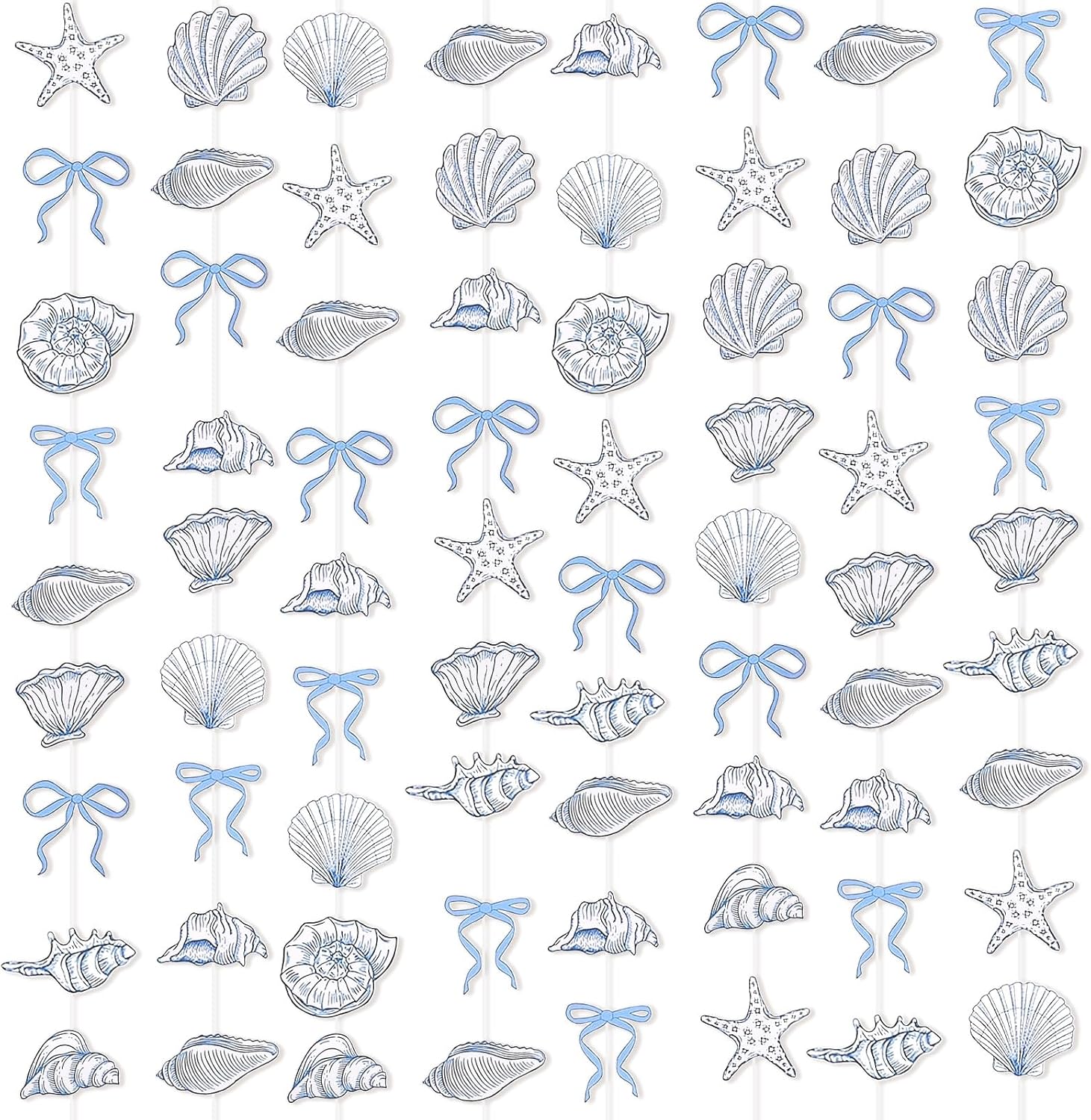 BLMHTWO 8PCS Blue Bow Starfish and Seashell Garland, 6.56 ft Beach Shell Garland Banner Ocean Coastal Bachelorette Decor Nautical Paper Hanging Decorations for Party Birthdays Weddings Bells Decor