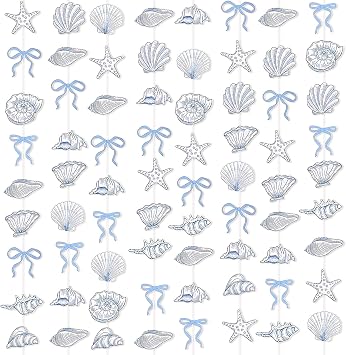 BLMHTWO 8PCS Blue Bow Starfish and Seashell Garland, 6.56 ft Beach Shell Garland Banner Ocean Coastal Bachelorette Decor Nautical Paper Hanging Decorations for Party Birthdays Weddings Bells Decor