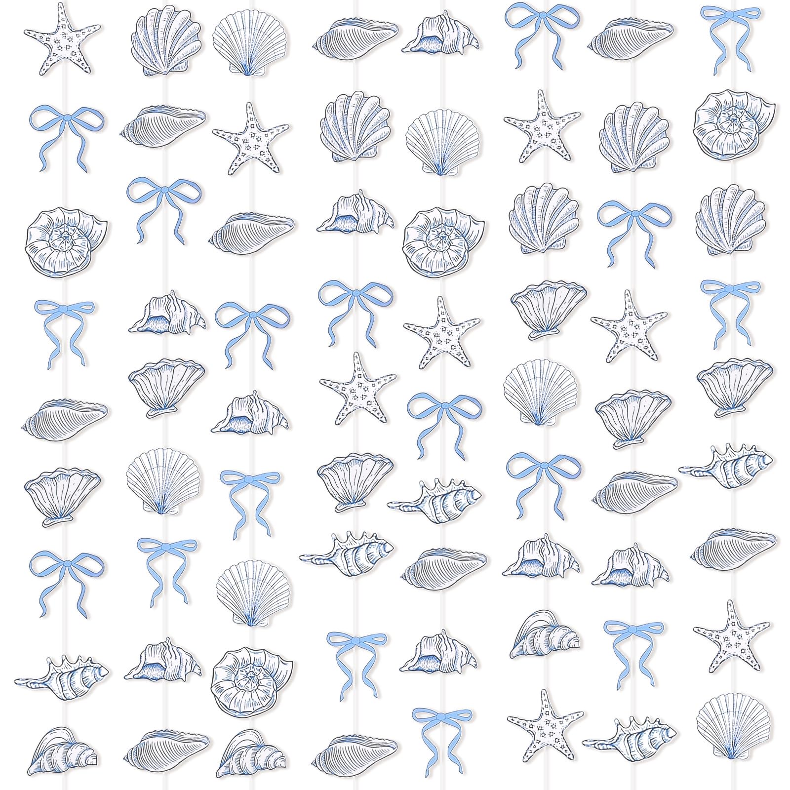 BLMHTWO 8PCS Blue Bow Starfish and Seashell Garland, 6.56 ft Beach Shell Garland Banner Ocean Coastal Bachelorette Decor Nautical Paper Hanging Decorations for Party Birthdays Weddings Bells Decor